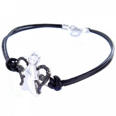 ROBERTO GIANNOTTI - BRACCIALE IN ARGENTO , PELLE E ZIRCONI NERI CON ANGELO