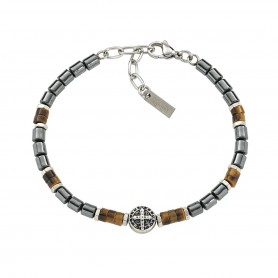 AMEN - BRACCIALE IN ACCIAIO CON CROCE DI SAN BENEDETTO E OCCHIO DI TIGRE