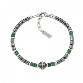 AMEN - BRACCIALE IN ACCIAIO CON CROCE DI SAN BENEDETTO E MALACHITE