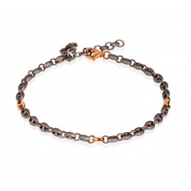 MANO J - BRACCIALE CON MAGLIE MARINE PICCOLE IN TITANIO E ORO ROSSO 9KT, ANCORA IN TITANIO DIAMANTE BLACK