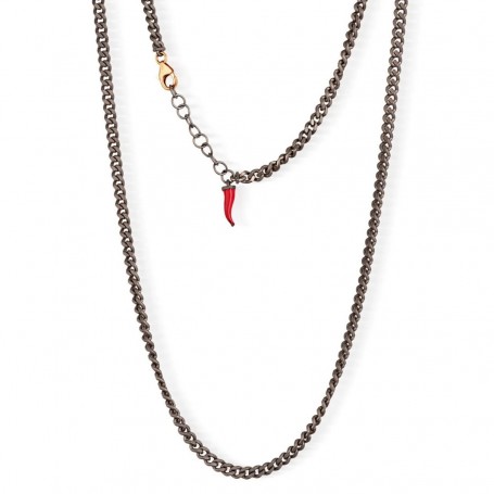 MANO J - COLLANA GROUMETTE IN TITANIO, ORO ROSSO 9KT E CORNETTO ROSSO PENDENTE