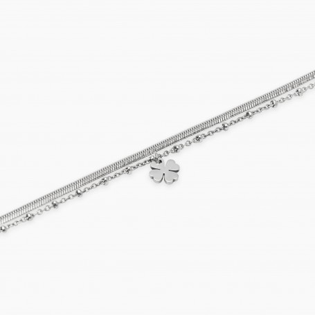 KIDULT - COLLEZIONE STYLE 38 - BRACCIALE CATENE E CIONDOLO QUADRIFOGLIO IN ACCIAIO ARGENTATO