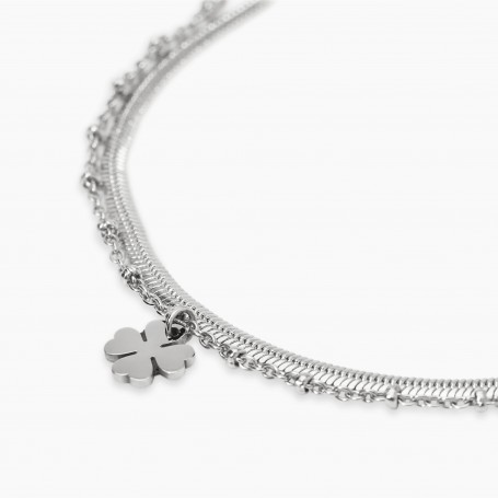 KIDULT - COLLEZIONE STYLE 38 - BRACCIALE CATENE E CIONDOLO QUADRIFOGLIO IN ACCIAIO ARGENTATO