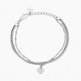 KIDULT - COLLEZIONE STYLE 38 - BRACCIALE CATENE E CIONDOLO QUADRIFOGLIO IN ACCIAIO ARGENTATO