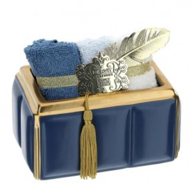 HERVIT - CONTENITORE RETTANGOLARE IN CERAMICA BLU E ORO CON 3 LAVETTE IN COTONE