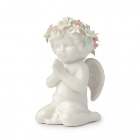 HERVIT - ANGELO EDEN CON FIORI ROSA IN GINOCCHIO IN PORCELLANA