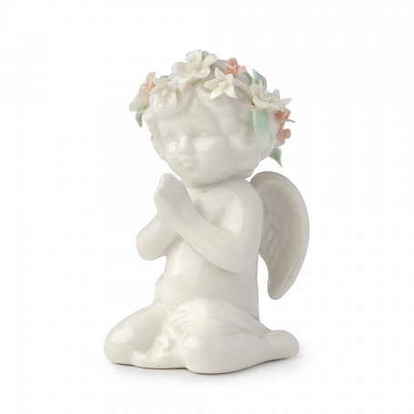 HERVIT - ANGELO EDEN CON FIORI ROSA IN GINOCCHIO IN PORCELLANA