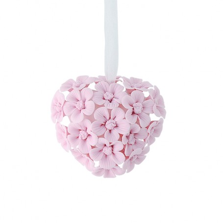 HERVIT - CUORE IN PORCELLANA BIANCA CON FIORI ROSA