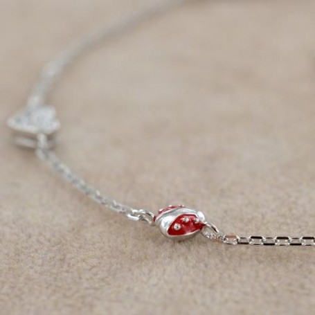 NANÀN - BRACCIALE CON COCCINELLA IN SMALTO ROSSO E CUORI CON ZIRCONI