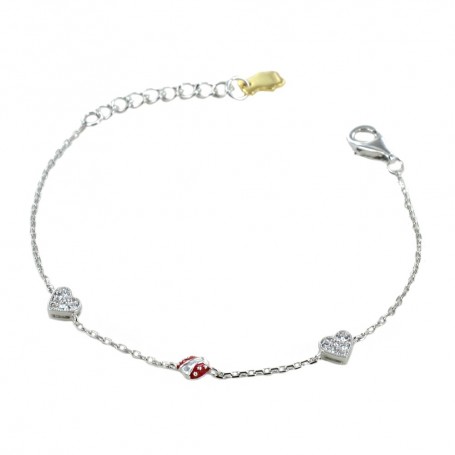 NANÀN - BRACCIALE CON COCCINELLA IN SMALTO ROSSO E CUORI CON ZIRCONI