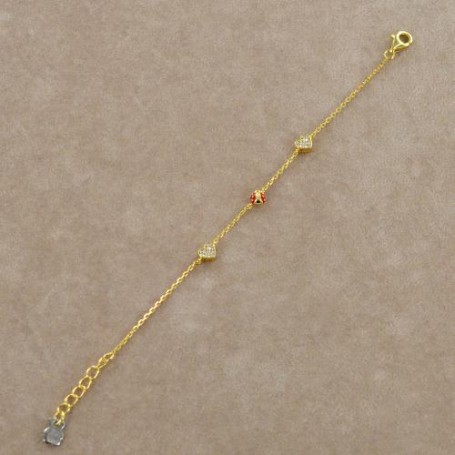 NANÀN - BRACCIALE CON COCCINELLA IN SMALTO ROSSO E CUORI CON ZIRCONI