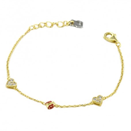 NANÀN - BRACCIALE CON COCCINELLA IN SMALTO ROSSO E CUORI CON ZIRCONI