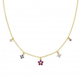 AMEN - COLLANA PRIMULA FUCSIA E DORATA IN ARGENTO 925