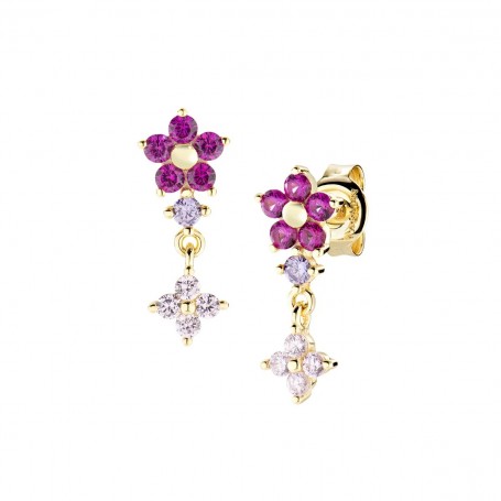 AMEN - ORECCHINI PENDENTI PRIMULA FUSIA DORATI IN ARGENTO 925