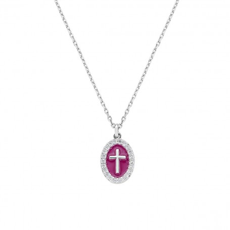 AMEN - COLLANA IN OTTONE RODIATO CROCE SU MEDAGLIA SMALTATA BORDEAUX