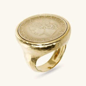 ETRUSCA - ANELLO CHEVALIER MARTELLATO CON MONETA ORIGINALE