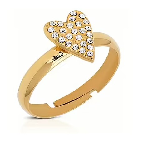 OPS - COLLEZIONE HEARTBEAT - ANELLO IN ACCIAIO DORATO A FORMA DI CUORE CON ZIRCONI BIANCHI