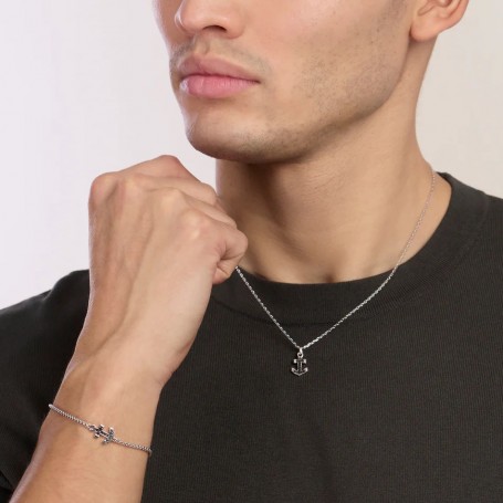 MABINA - COLLEZIONE NAVY RULE - COLLANA IN ARGENTO CON ANCORA IN ZIRCONI NERI DA UOMO