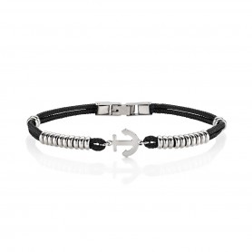 AMEN - BRACCIALE ANCORA E RONDELLE IN ACCIAIO CON CORDINO NERO