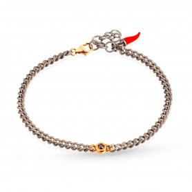 MANO J - BRACCIALE IN TITANIO E ORO ROSSO 9KT CON PUNTO LUCE, DIAMANTI BLACK E UNA CATENA GROUMETTE