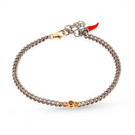 MANO J - BRACCIALE IN TITANIO E ORO ROSSO 9KT CON PUNTO LUCE, DIAMANTI BLACK E UNA CATENA GROUMETTE