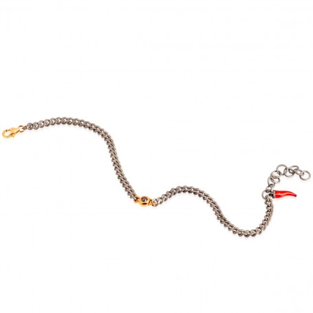MANO J - BRACCIALE IN TITANIO E ORO ROSSO 9KT CON PUNTO LUCE, DIAMANTI BLACK E UNA CATENA GROUMETTE