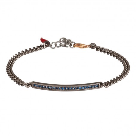 MANO J - BRACCIALE IN TITANIO CON BARRETTA, ZAFFIRI BLU CON UNA CATENA GROUMETTE E ORO ROSSO 9KT