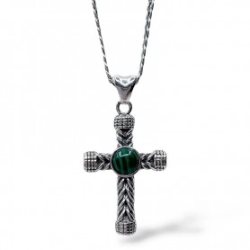 GERBA - COLLEZIONE CHEVALIER - COLLANA IN ARGENTO 925, CROCE PENDENTE LAVORAZIONE A TRECCIA E PIETRA DURA MALACHITE