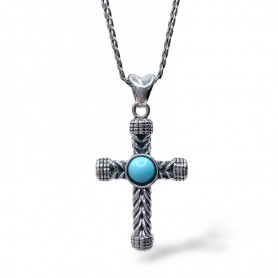 GERBA - COLLEZIONE CHEVALIER - COLLANA IN ARGENTO 925, CROCE PENDENTE LAVORAZIONE A TRECCIA E PIETRA DURA TURCHESE