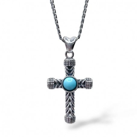 GERBA - COLLEZIONE CHEVALIER - COLLANA IN ARGENTO 925, CROCE PENDENTE LAVORAZIONE A TRECCIA E PIETRA DURA TURCHESE