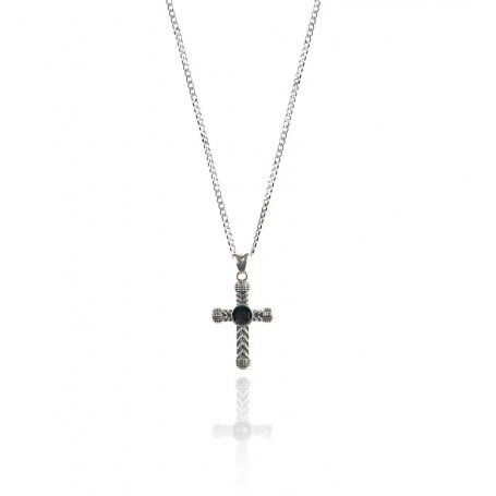 GERBA - COLLEZIONE CHEVALIER - COLLANA IN ARGENTO 925, CROCE PENDENTE LAVORAZIONE A TRECCIA E PIETRA DURA ONICE