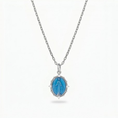 AMEN - COLLANA MEDAGLIA MIRACOLOSA IN ARGENTO 925 CON SMALTO BLU E ZIRCONI