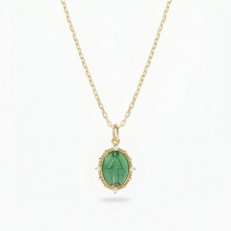 AMEN - COLLANA MEDAGLIA MIRACOLOSA IN ARGENTO 925 PLACCATO ORO 18KT CON SMALTO VERDE E ZIRCONI