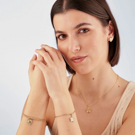 SAGAPO - COLLEZIONE DUH DUH - ORECCHINI A LOBO A FORMA DI CUORE IN ACCIAIO CON FINITURA PVD ORO 14K CON QUADRIFOGLIO