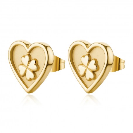 SAGAPO - COLLEZIONE DUH DUH - ORECCHINI A LOBO A FORMA DI CUORE IN ACCIAIO CON FINITURA PVD ORO 14K CON QUADRIFOGLIO