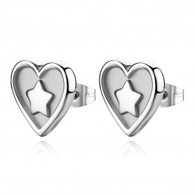 SAGAPO - COLLEZIONE DUH DUH - ORECCHINI AL LOBO A FORMA DI CUORE IN ACCIAIO 316 SATINATO CON STELLA