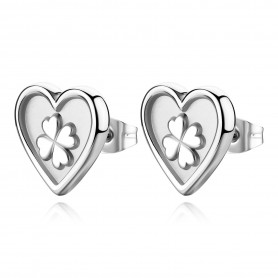SAGAPO - COLLEZIONE DUH DUH - ORECCHINI AL LOBO A FORMA DI CUORE IN ACCIAIO 316 SATINATO CON QUADRIFOGLIO