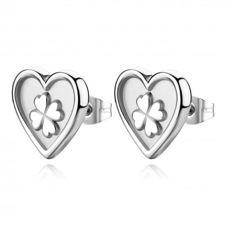 SAGAPO - COLLEZIONE DUH DUH - ORECCHINI AL LOBO A FORMA DI CUORE IN ACCIAIO 316 SATINATO CON QUADRIFOGLIO