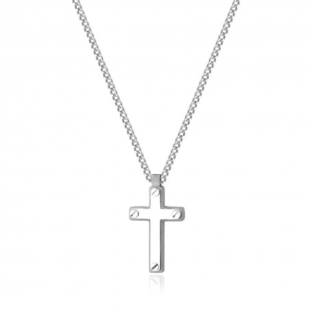 SAGAPO - COLLEZIONE PROUD - COLLANA CATENA GRUMETTA IN ACCIAIO CON PENDENTE A FORMA DI CROCE IN ACCIAIO LUCIDO E SATINATO