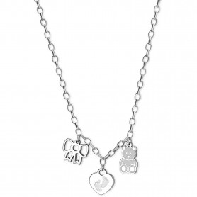 SAGAPO - COLLEZIONE HAPPY - COLLANA NASCITA COMPOSTA DA UN FIOCCO, UN ORSETTO E UN BAMBINO IN ACCIAIO