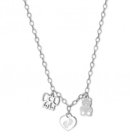 SAGAPO - COLLEZIONE HAPPY - COLLANA NASCITA COMPOSTA DA UN FIOCCO, UN ORSETTO E UN BAMBINO IN ACCIAIO
