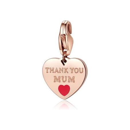 SAGAPO - COLLEZIONE HAPPY - CHARM A FORMA DI CUORE CON SCRITTA "THANK YOU MUM" IN ACCIAIO E PVD ORO ROSA