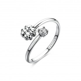 SAGAPO - COLLEZIONE CLICK - ANELLO REGOLABILE IN ACCIAIO CON QUADRIFOGLIO E CUBIC ZIRCONIA