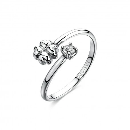 SAGAPO - COLLEZIONE CLICK - ANELLO REGOLABILE IN ACCIAIO CON QUADRIFOGLIO E CUBIC ZIRCONIA