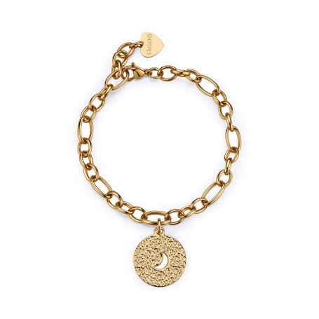 SAGAPO - COLLEZIONE GIPSY - BRACCIALE CATENA IN ACCIAIO E FINITURA PVD ORO 14K CON PENDENTE MARTELLATO E SIMBOLO DELLA LUNA