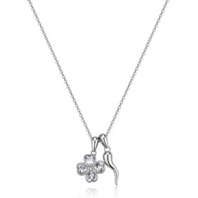 SAGAPO - COLLEZIONE FEELINGS - COLLANA IN ACCIAIO CON PENDENTE A FORMA DI CORNETTO E QUADRIFOGLIO CON CUBIC ZIRCONIA BIANCHI