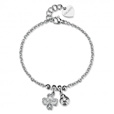 SAGAPO - COLLEZIONE FEELINGS - BRACCIALE IN ACCIAIO CON PENDENTE A FORMA DI COCCINELLA E QUADRIFOGLIO CON CUBIC ZIRCONIA BIANCHI