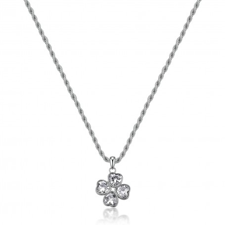SAGAPO - COLLEZIONE FEELINGS - COLLANA CATENA TORCHON IN ACCIAIO CON PENDENTE A FORMA DI QUADRIFOGLIO E CUBIC ZIRCONIA BIANCHI