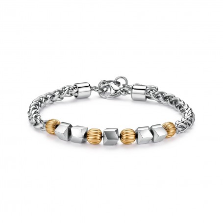 SAGAPO - COLLEZIONE RIOT - BRACCIALE CATENA IN ACCIAIO CON SFERE LAVORATE E DADI ESAGONALI CON FINITURA PVD ORO 14K