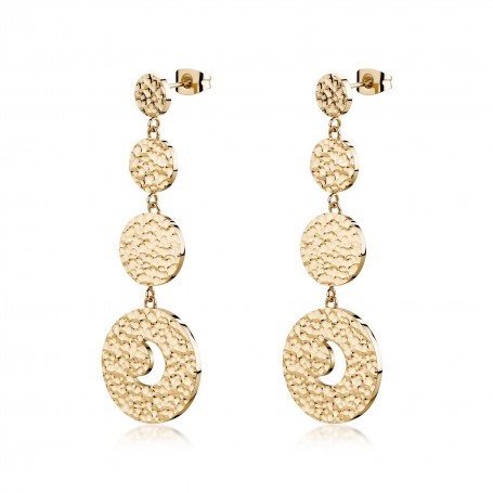 SAGAPO - COLLEZIONE GIPSY - ORECCHINI PENDENTI IN ACCIAIO CON TEXTURE MARTELLATA, FINITURA PVD ORO 14K E SIMBOLO DELLA LUNA